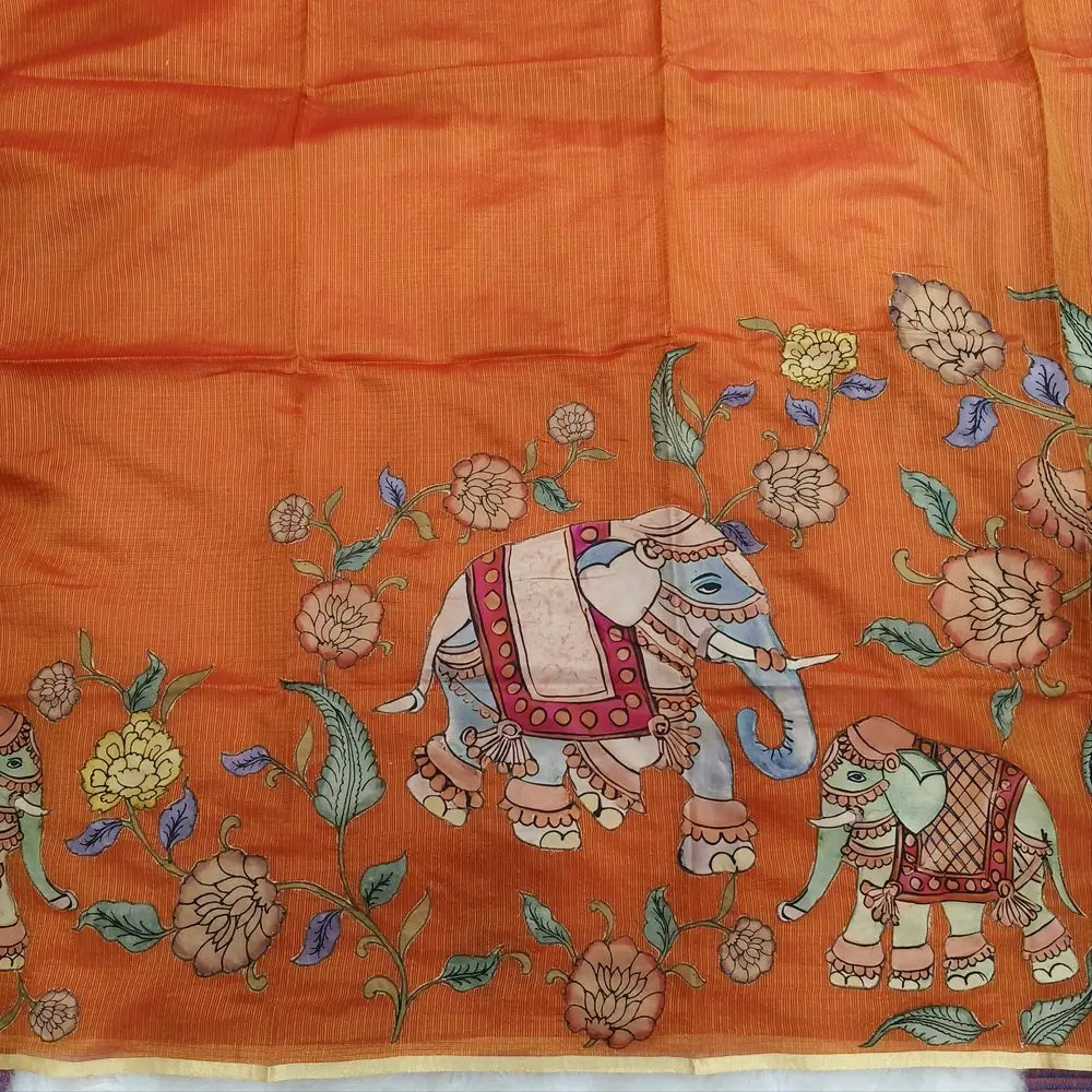 Designer rust orange premium kota silk  saree (lightweight, thin, soft) with elephant applique work done with art silk fabric, rich pallu, digital printed silk cotton blouse. NS49