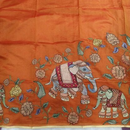 Designer rust orange premium kota silk  saree (lightweight, thin, soft) with elephant applique work done with art silk fabric, rich pallu, digital printed silk cotton blouse. NS49