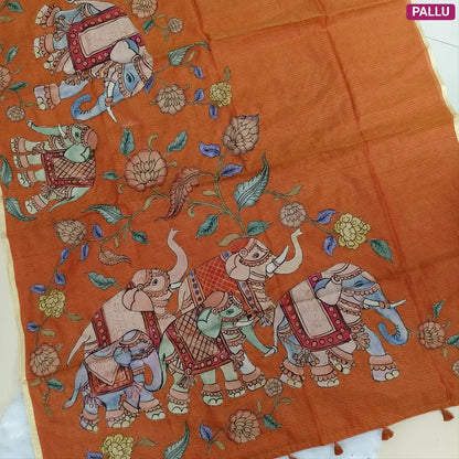 Designer rust orange premium kota silk  saree (lightweight, thin, soft) with elephant applique work done with art silk fabric, rich pallu, digital printed silk cotton blouse. NS49