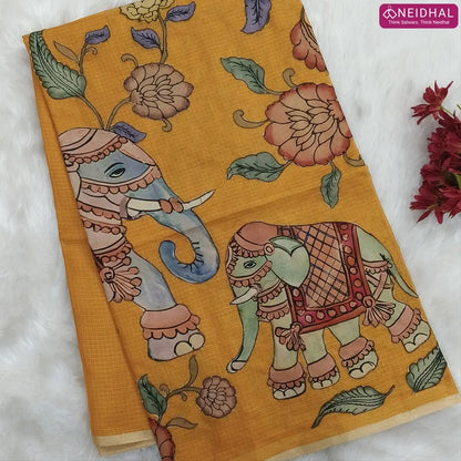 Designer mehandhi yellow premium kota silk  saree (lightweight, thin, soft) with elephant applique work done with art silk fabric, rich pallu, digital printed silk cotton blouse. NS46