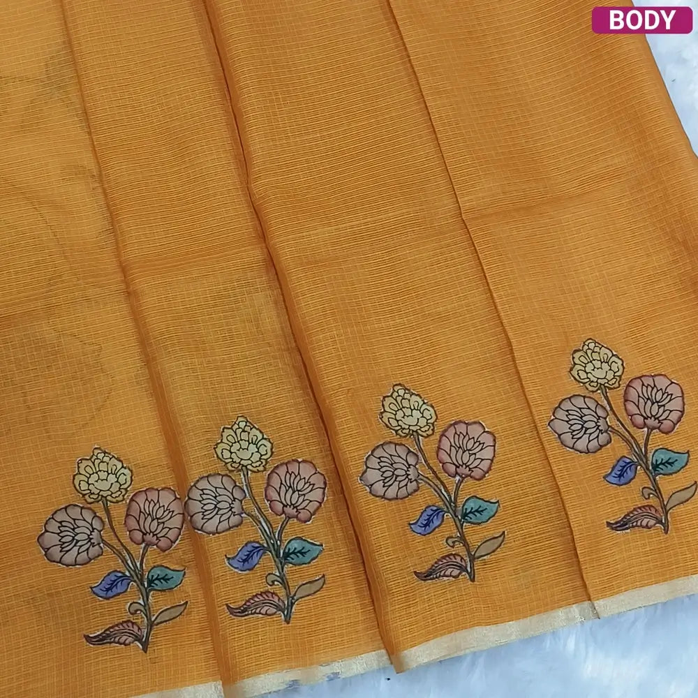 Designer mehandhi yellow premium kota silk  saree (lightweight, thin, soft) with elephant applique work done with art silk fabric, rich pallu, digital printed silk cotton blouse. NS46