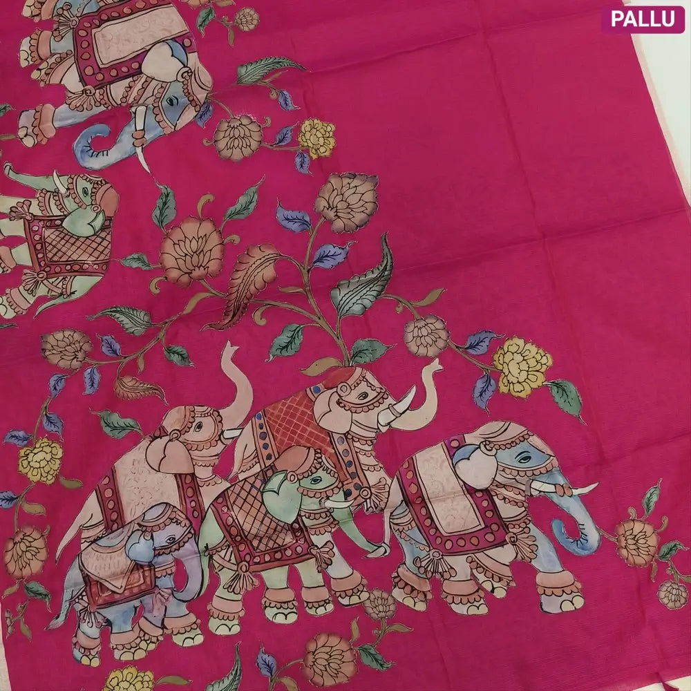 Designer bright pink premium kota silk  saree (lightweight, thin, soft) with elephant applique work done with art silk fabric, rich pallu, digital printed silk cotton blouse. NS47
