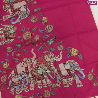 Designer bright pink premium kota silk  saree (lightweight, thin, soft) with elephant applique work done with art silk fabric, rich pallu, digital printed silk cotton blouse. NS47