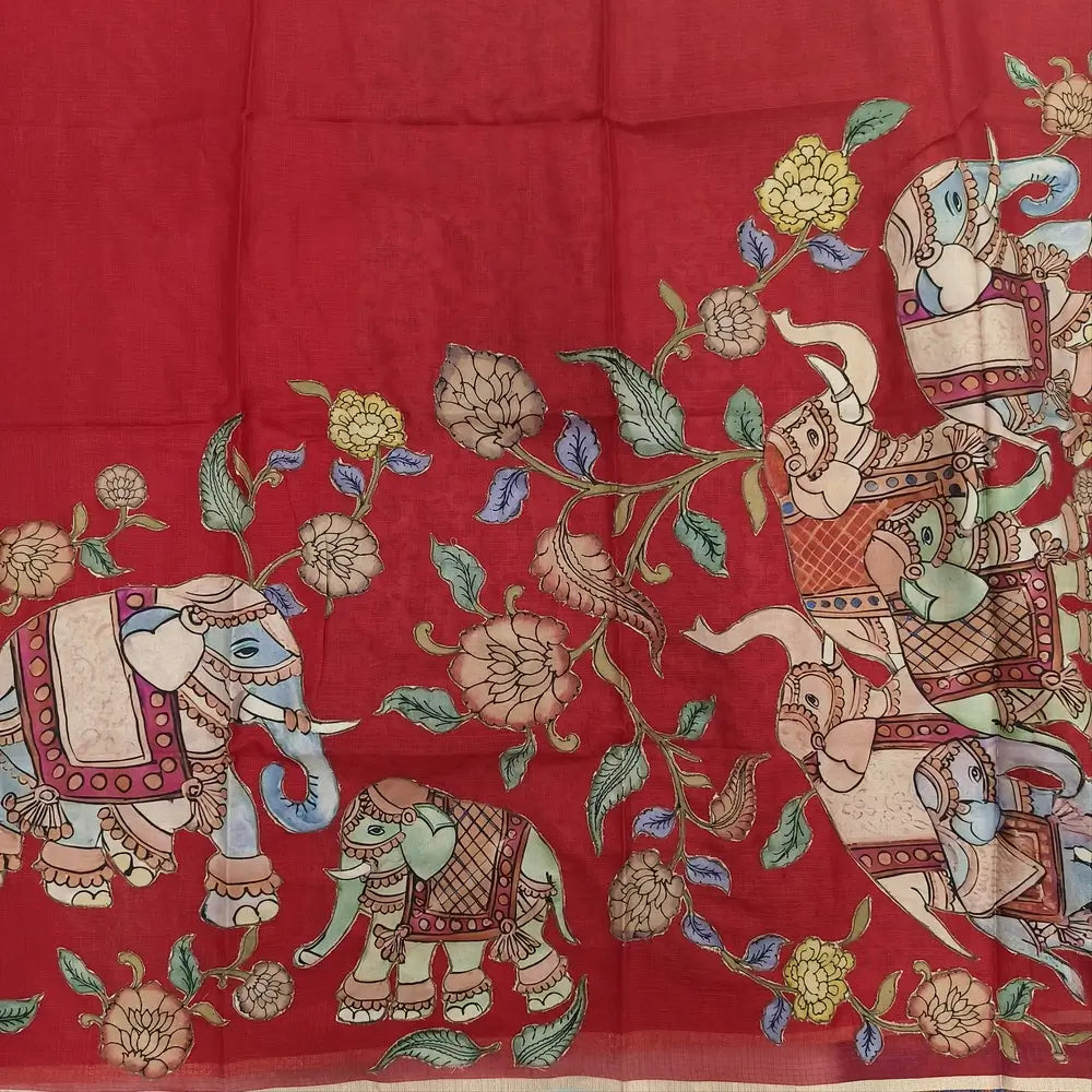 Designer bright reddish maroon premium kota silk  saree (lightweight, thin, soft) with elephant applique work done with art silk fabric, rich pallu, digital printed silk cotton blouse. NS45