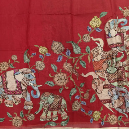 Designer bright reddish maroon premium kota silk  saree (lightweight, thin, soft) with elephant applique work done with art silk fabric, rich pallu, digital printed silk cotton blouse. NS45