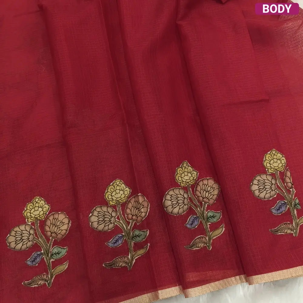 Designer bright reddish maroon premium kota silk  saree (lightweight, thin, soft) with elephant applique work done with art silk fabric, rich pallu, digital printed silk cotton blouse. NS45