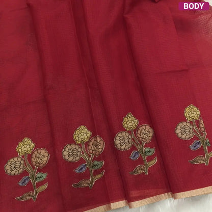 Designer bright reddish maroon premium kota silk  saree (lightweight, thin, soft) with elephant applique work done with art silk fabric, rich pallu, digital printed silk cotton blouse. NS45