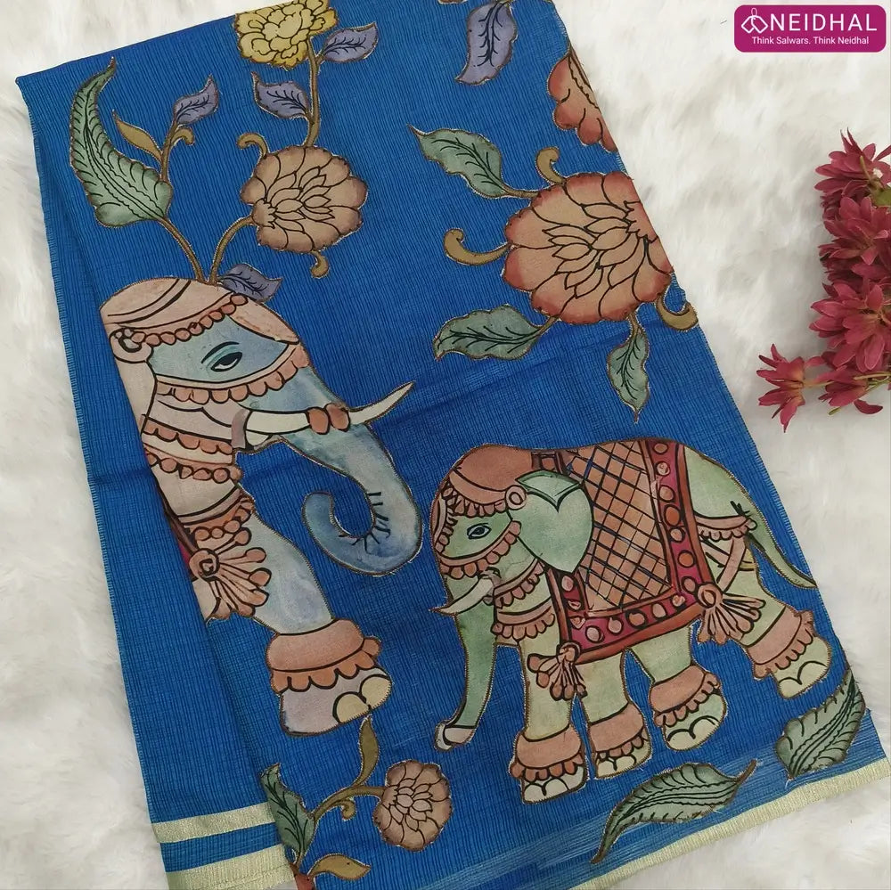 Designer turquoise blue premium kota silk  saree (lightweight, thin, soft) with elephant applique work done with art silk fabric, rich pallu, digital printed silk cotton blouse. NS48