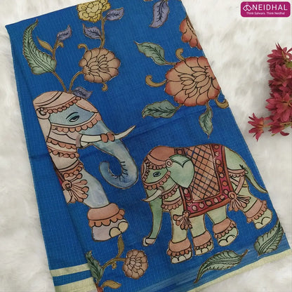 Designer turquoise blue premium kota silk  saree (lightweight, thin, soft) with elephant applique work done with art silk fabric, rich pallu, digital printed silk cotton blouse. NS48