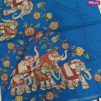 Designer turquoise blue premium kota silk  saree (lightweight, thin, soft) with elephant applique work done with art silk fabric, rich pallu, digital printed silk cotton blouse. NS48