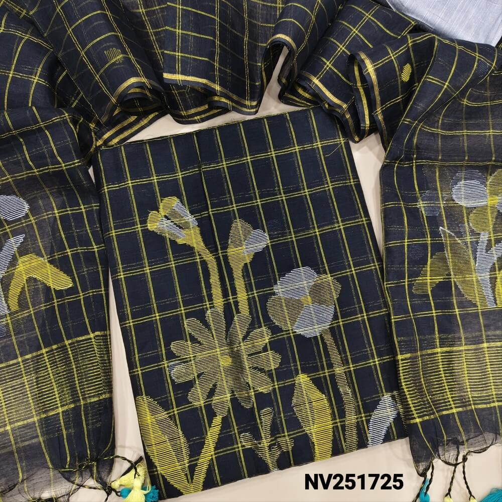 Black Muslin jamdani unstitched salwar material, zari checks all over with thread weaving on daman(thin, lining needed)silver grey silk cotton bottom, muslin jamdani full length dupatta with tissue pallu & handmade tassels.  NV251725