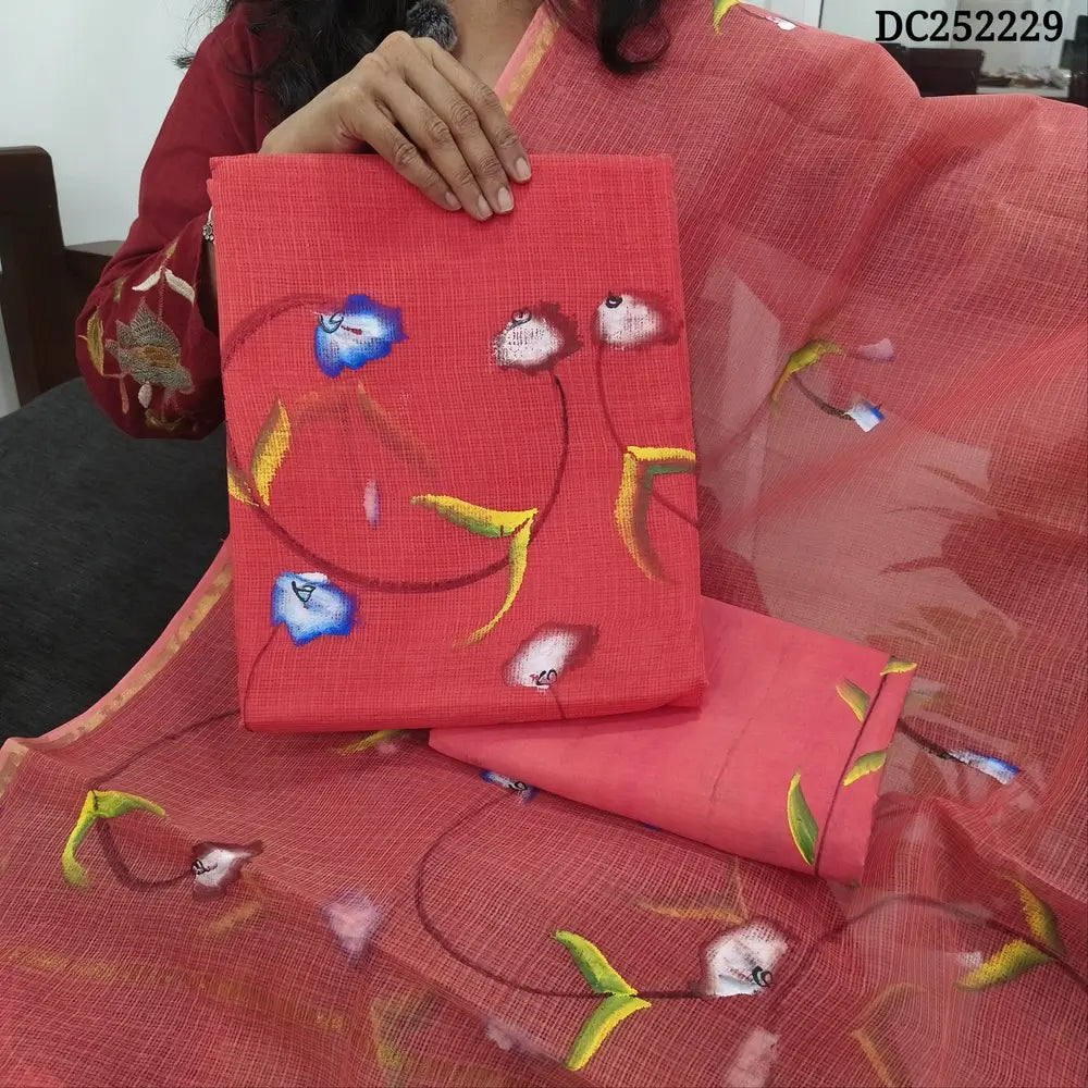 Peachish Pink kota cotton hand brush painted unstitched salwar material (lining needed) matching lining provided, drum dyed cotton bottom, kota cotton dupatta. DC252229 (TAPING NEEDED, MISPRINT ARE OT DEFFECTS)