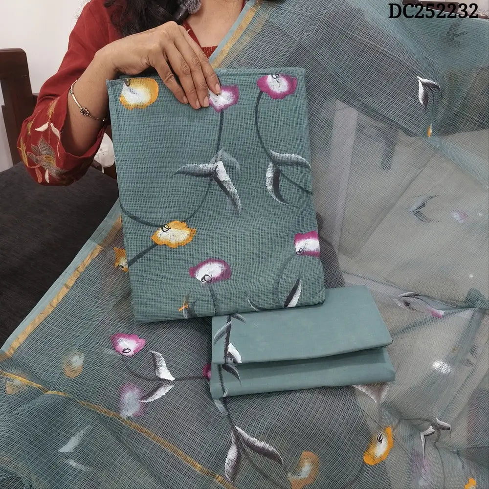 Cement Grey kota cotton hand brush painted unstitched salwar material (lining needed) matching lining provided, drum dyed cotton bottom, kota cotton dupatta. DC252232 (TAPING NEEDED, MISPRINT ARE OT DEFFECTS)