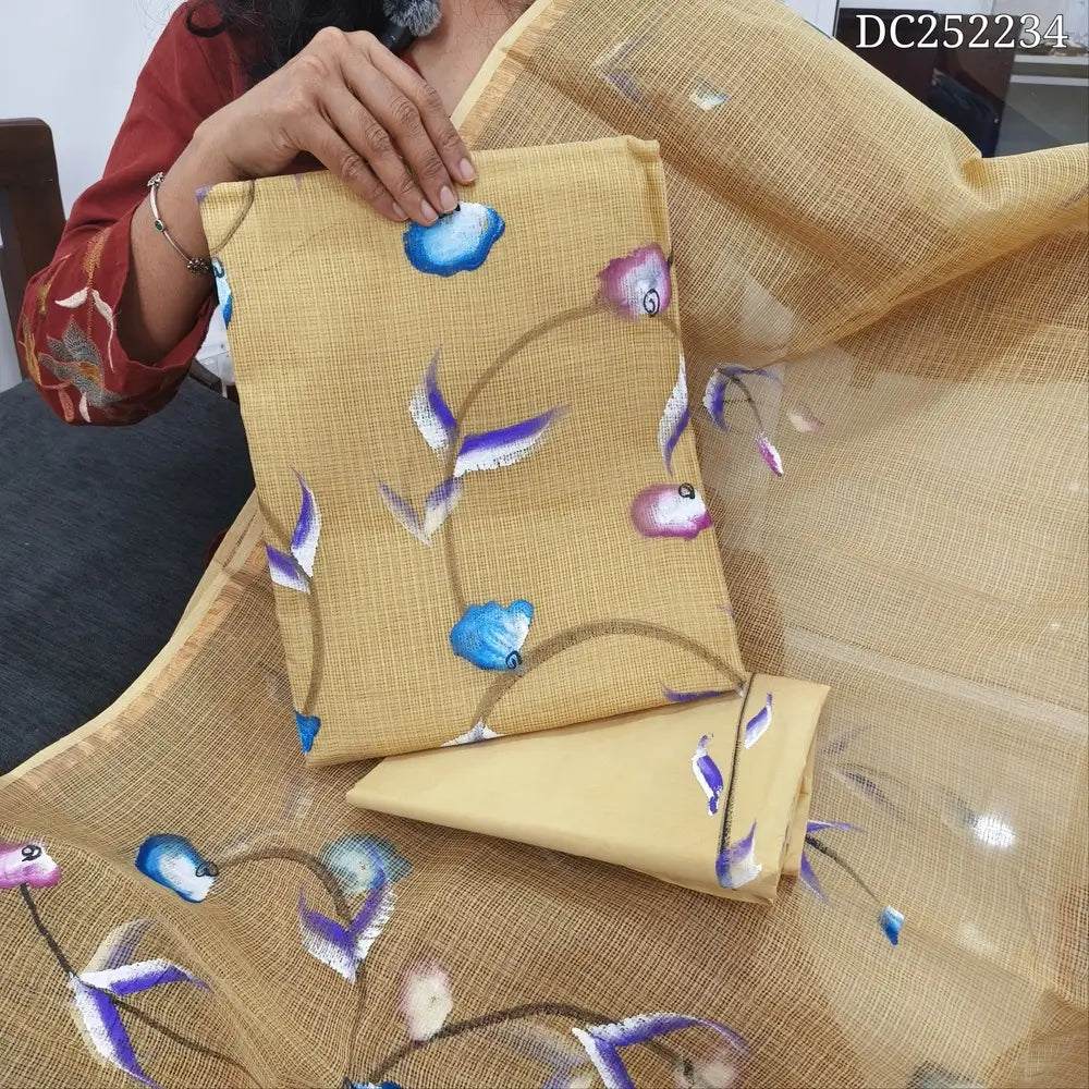 Beige kota cotton hand brush painted unstitched salwar material (lining needed) matching lining provided, drum dyed cotton bottom, kota cotton dupatta. DC252234 (TAPING NEEDED, MISPRINT ARE OT DEFFECTS)