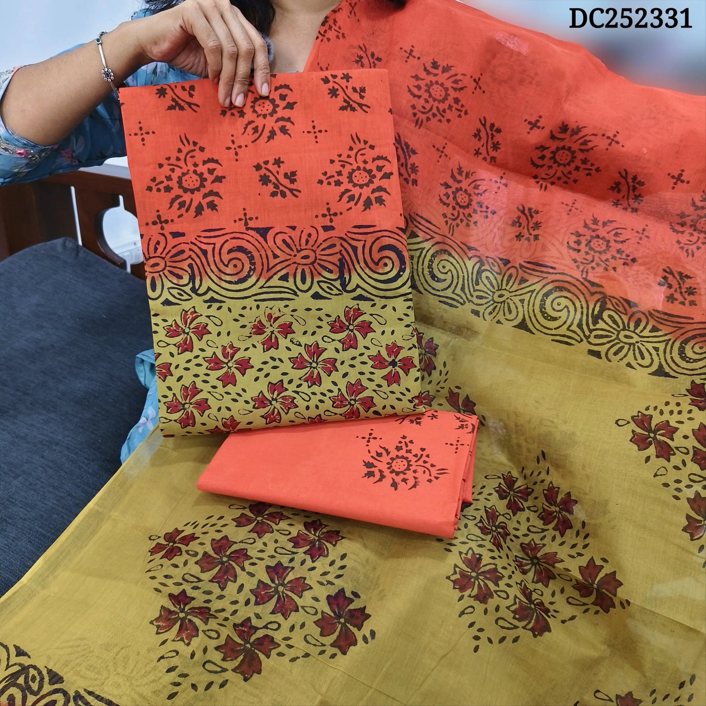 PREORDER SHIPPING IN 1 WEEK Beige & Orange pure cotton unstitched salwar material (lining needed) hand block printed allover, printed cotton bottom, block printed dual shade dupatta. DC252331 (over lapping of prints not consider as a defect)