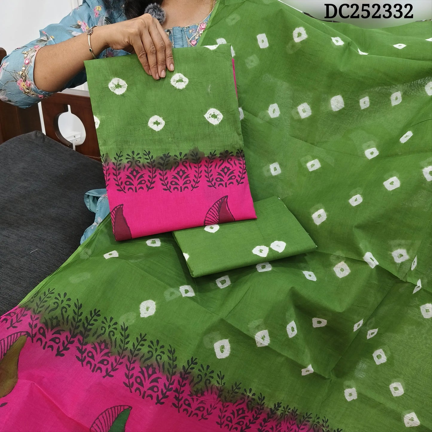 Green & Pink pure cotton unstitched salwar material (lining needed) hand block printed allover, printed cotton bottom, block printed dual shade dupatta. DC252332 (over lapping of prints not consider as a defect)