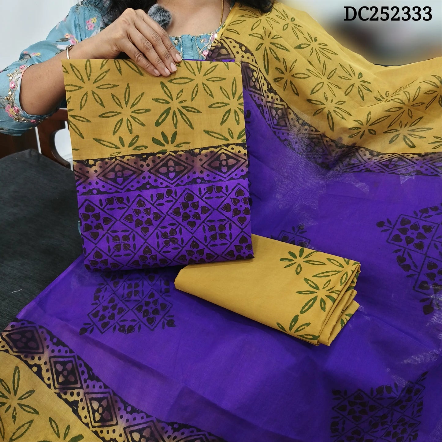 PREORDER SHIPPING IN 1 WEEK Beige & purple pure cotton unstitched salwar material (lining needed) hand block printed allover, printed cotton bottom, block printed dual shade dupatta. DC252333 (over lapping of prints not consider as a defect) (Copy)
