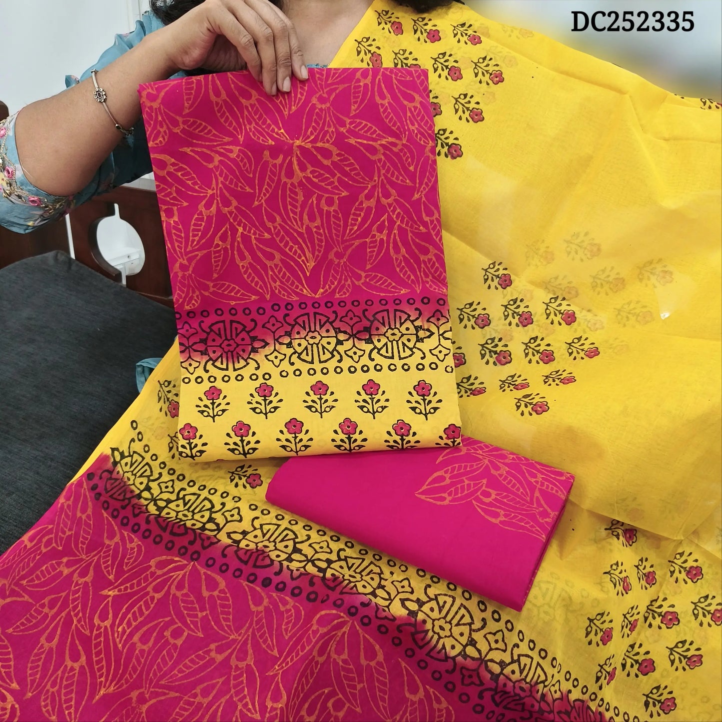 Pink & Yellow pure cotton unstitched salwar material (lining needed) hand block printed allover, printed cotton bottom, block printed dual shade dupatta. DC252335 (over lapping of prints not consider as a defect)