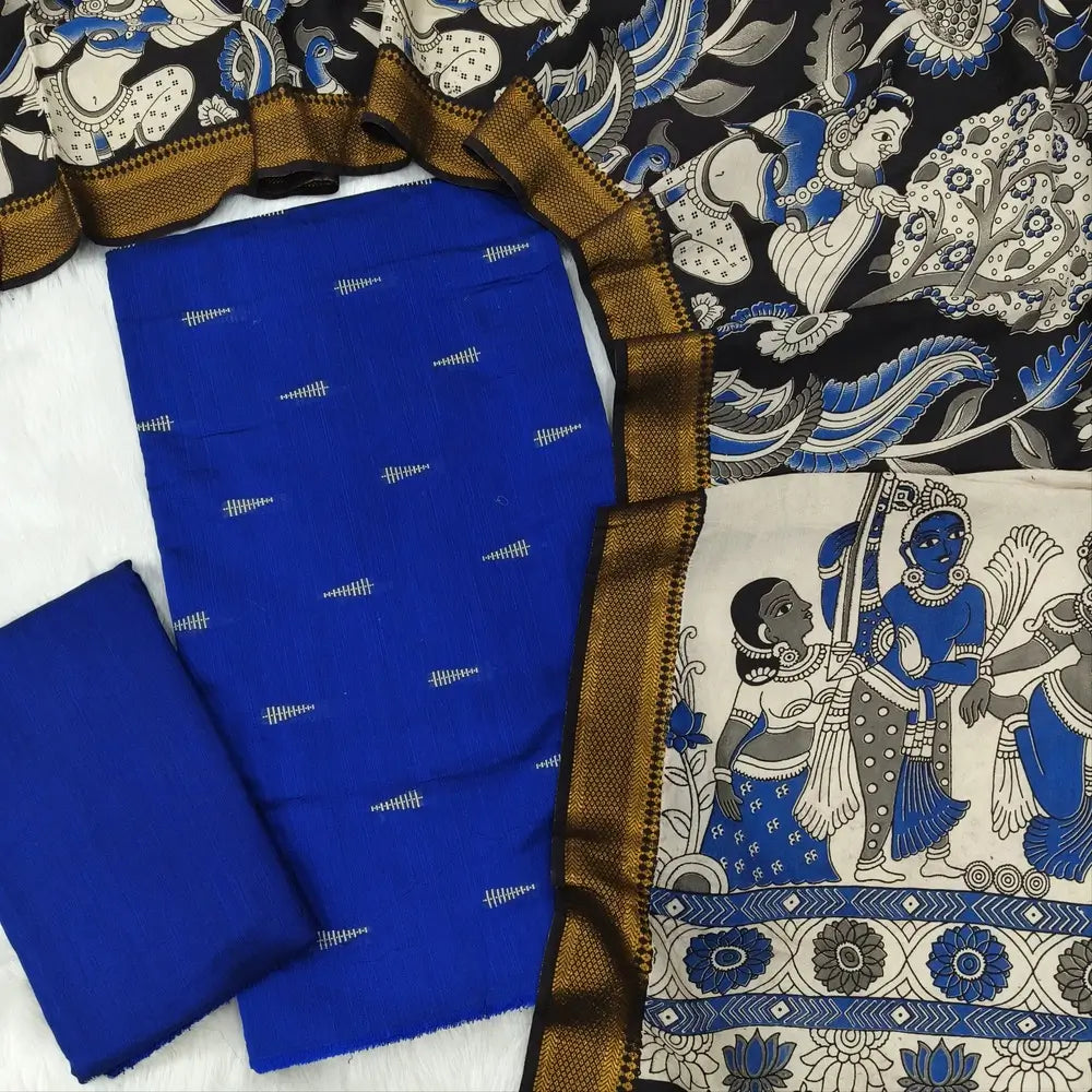 Royal blue premium raw silk unstitched salwar material,thread weaving buttas all over, (textured, Lining needed) silk bottom, pen kalamkari chennuri silk dupatta with nizam borders (INCONSISTENT STAINS ARE NOT DEFECTS). MR262622