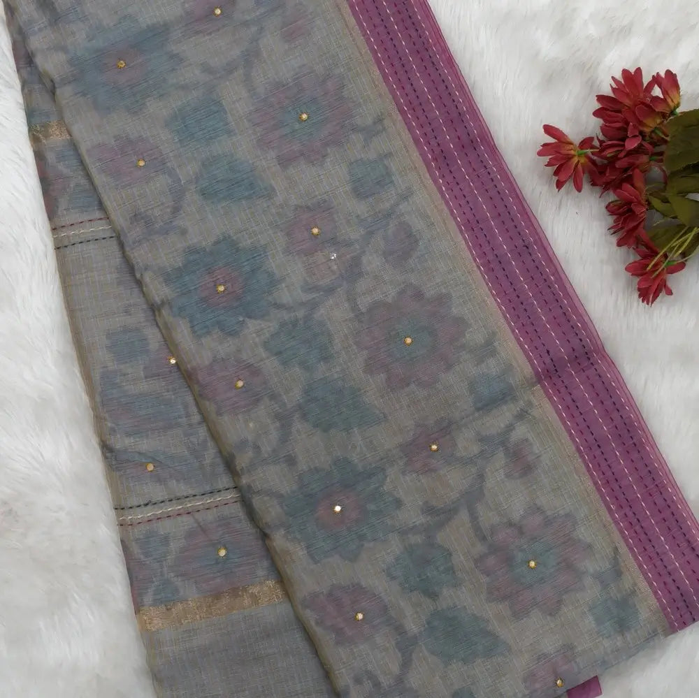 Light grey with golden tint printed soft silk cotton saree (lightweight, thin, soft) double side borders with kantha stitch detailing, printed pallu with thread embroidery and simple tassels, plain running blouse with borders. NS52