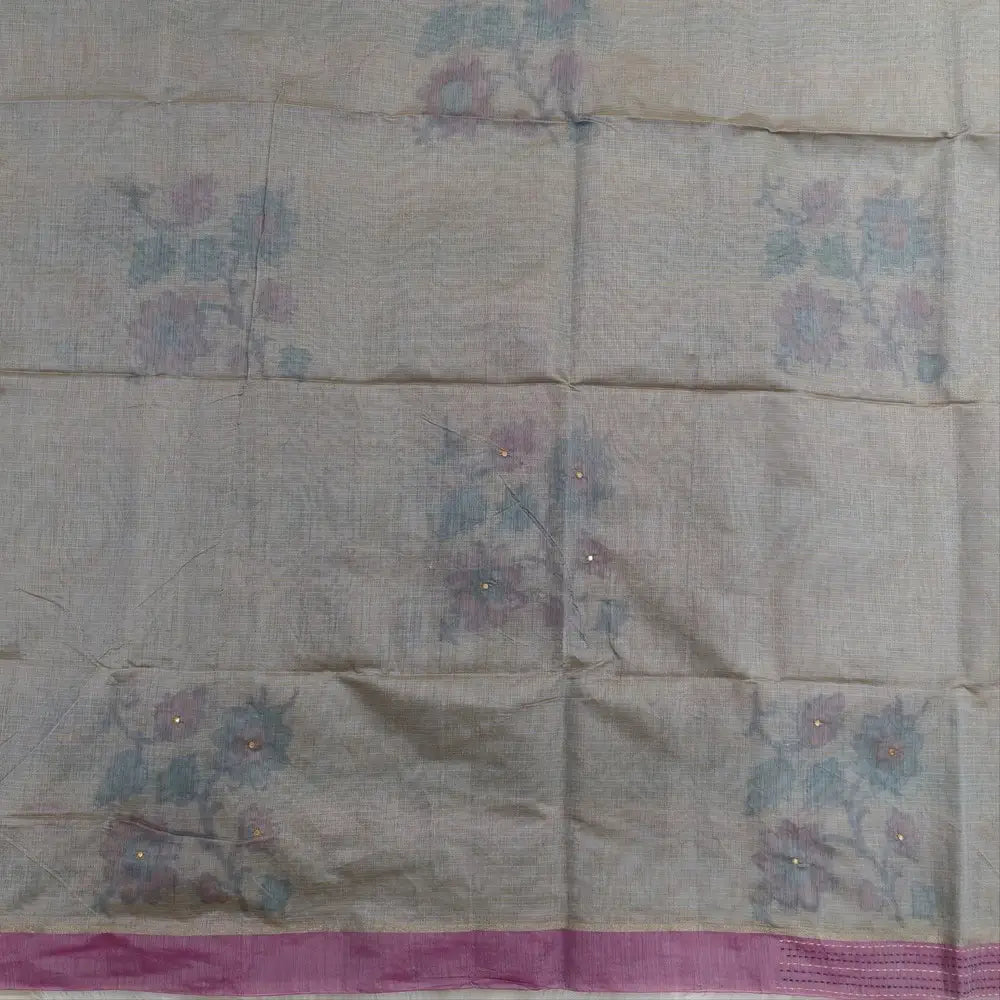 Light grey with golden tint printed soft silk cotton saree (lightweight, thin, soft) double side borders with kantha stitch detailing, printed pallu with thread embroidery and simple tassels, plain running blouse with borders. NS52