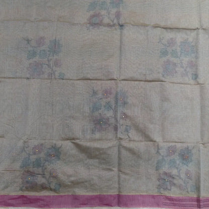 Light grey with golden tint printed soft silk cotton saree (lightweight, thin, soft) double side borders with kantha stitch detailing, printed pallu with thread embroidery and simple tassels, plain running blouse with borders. NS52