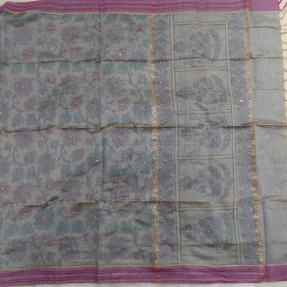 Light grey with golden tint printed soft silk cotton saree (lightweight, thin, soft) double side borders with kantha stitch detailing, printed pallu with thread embroidery and simple tassels, plain running blouse with borders. NS52