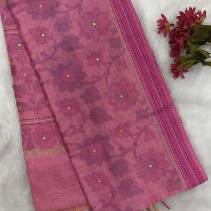 Pink printed soft silk cotton saree (lightweight, thin, soft) double side borders with kantha stitch detailing, printed pallu with thread embroidery and simple tassels, plain running blouse with borders. NS47