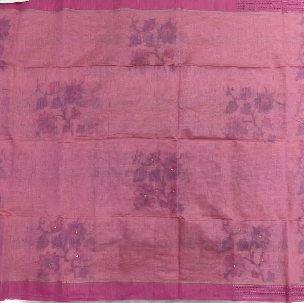 Pink printed soft silk cotton saree (lightweight, thin, soft) double side borders with kantha stitch detailing, printed pallu with thread embroidery and simple tassels, plain running blouse with borders. NS47