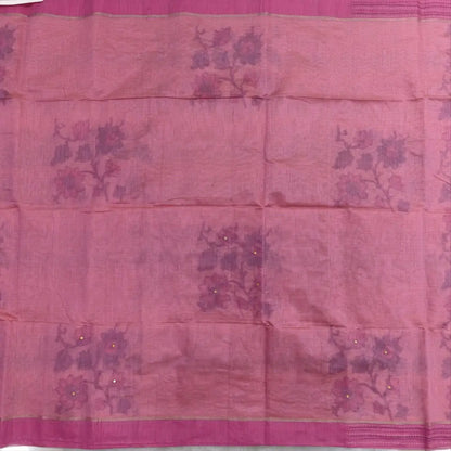 Pink printed soft silk cotton saree (lightweight, thin, soft) double side borders with kantha stitch detailing, printed pallu with thread embroidery and simple tassels, plain running blouse with borders. NS47