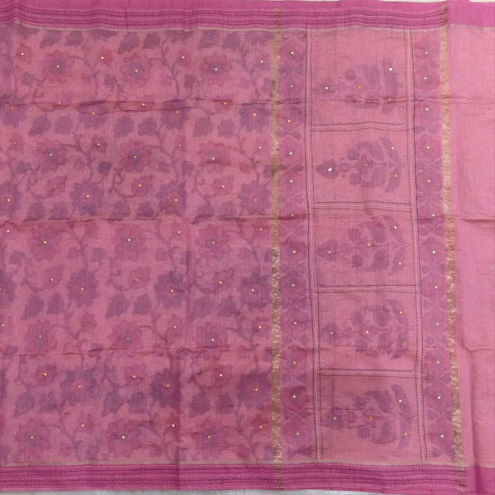 Pink printed soft silk cotton saree (lightweight, thin, soft) double side borders with kantha stitch detailing, printed pallu with thread embroidery and simple tassels, plain running blouse with borders. NS47