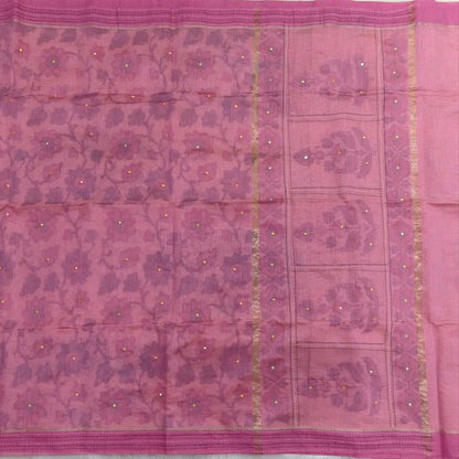 Pink printed soft silk cotton saree (lightweight, thin, soft) double side borders with kantha stitch detailing, printed pallu with thread embroidery and simple tassels, plain running blouse with borders. NS47