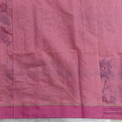 Pink printed soft silk cotton saree (lightweight, thin, soft) double side borders with kantha stitch detailing, printed pallu with thread embroidery and simple tassels, plain running blouse with borders. NS47