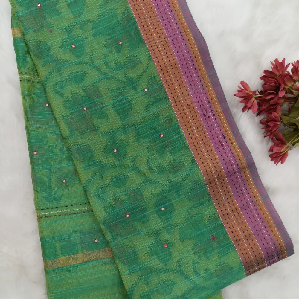 Turquoise green with golden tint printed soft silk cotton saree (lightweight, thin, soft) double side borders with kantha stitch detailing, printed pallu with thread embroidery and simple tassels, plain running blouse with borders. NS55