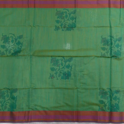 Turquoise green with golden tint printed soft silk cotton saree (lightweight, thin, soft) double side borders with kantha stitch detailing, printed pallu with thread embroidery and simple tassels, plain running blouse with borders. NS55