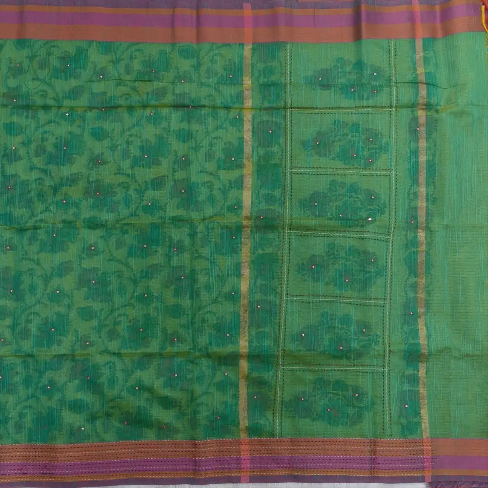 Turquoise green with golden tint printed soft silk cotton saree (lightweight, thin, soft) double side borders with kantha stitch detailing, printed pallu with thread embroidery and simple tassels, plain running blouse with borders. NS55