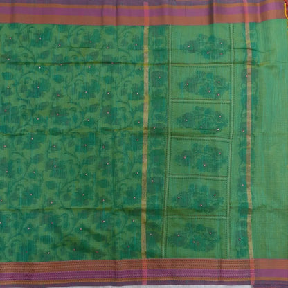Turquoise green with golden tint printed soft silk cotton saree (lightweight, thin, soft) double side borders with kantha stitch detailing, printed pallu with thread embroidery and simple tassels, plain running blouse with borders. NS55