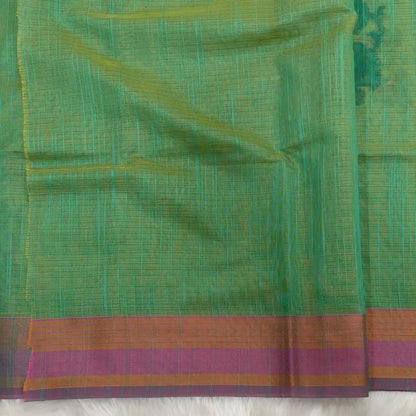 Turquoise green with golden tint printed soft silk cotton saree (lightweight, thin, soft) double side borders with kantha stitch detailing, printed pallu with thread embroidery and simple tassels, plain running blouse with borders. NS55
