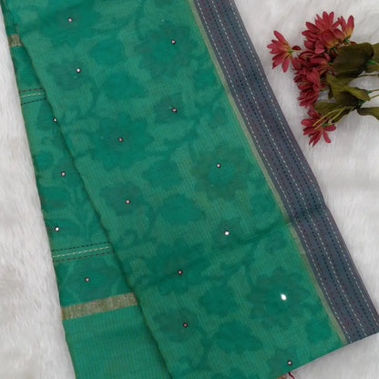 Turquoise green printed soft silk cotton saree (lightweight, thin, soft) double side borders with kantha stitch detailing, printed pallu with thread embroidery and simple tassels, plain running blouse with borders. NS48