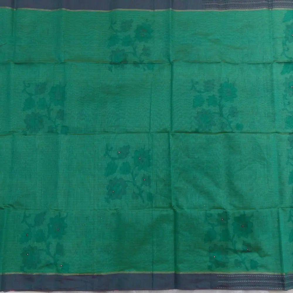 Turquoise green printed soft silk cotton saree (lightweight, thin, soft) double side borders with kantha stitch detailing, printed pallu with thread embroidery and simple tassels, plain running blouse with borders. NS48