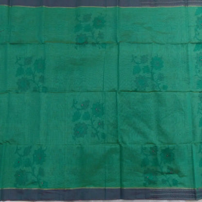 Turquoise green printed soft silk cotton saree (lightweight, thin, soft) double side borders with kantha stitch detailing, printed pallu with thread embroidery and simple tassels, plain running blouse with borders. NS48