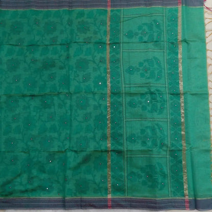 Turquoise green printed soft silk cotton saree (lightweight, thin, soft) double side borders with kantha stitch detailing, printed pallu with thread embroidery and simple tassels, plain running blouse with borders. NS48