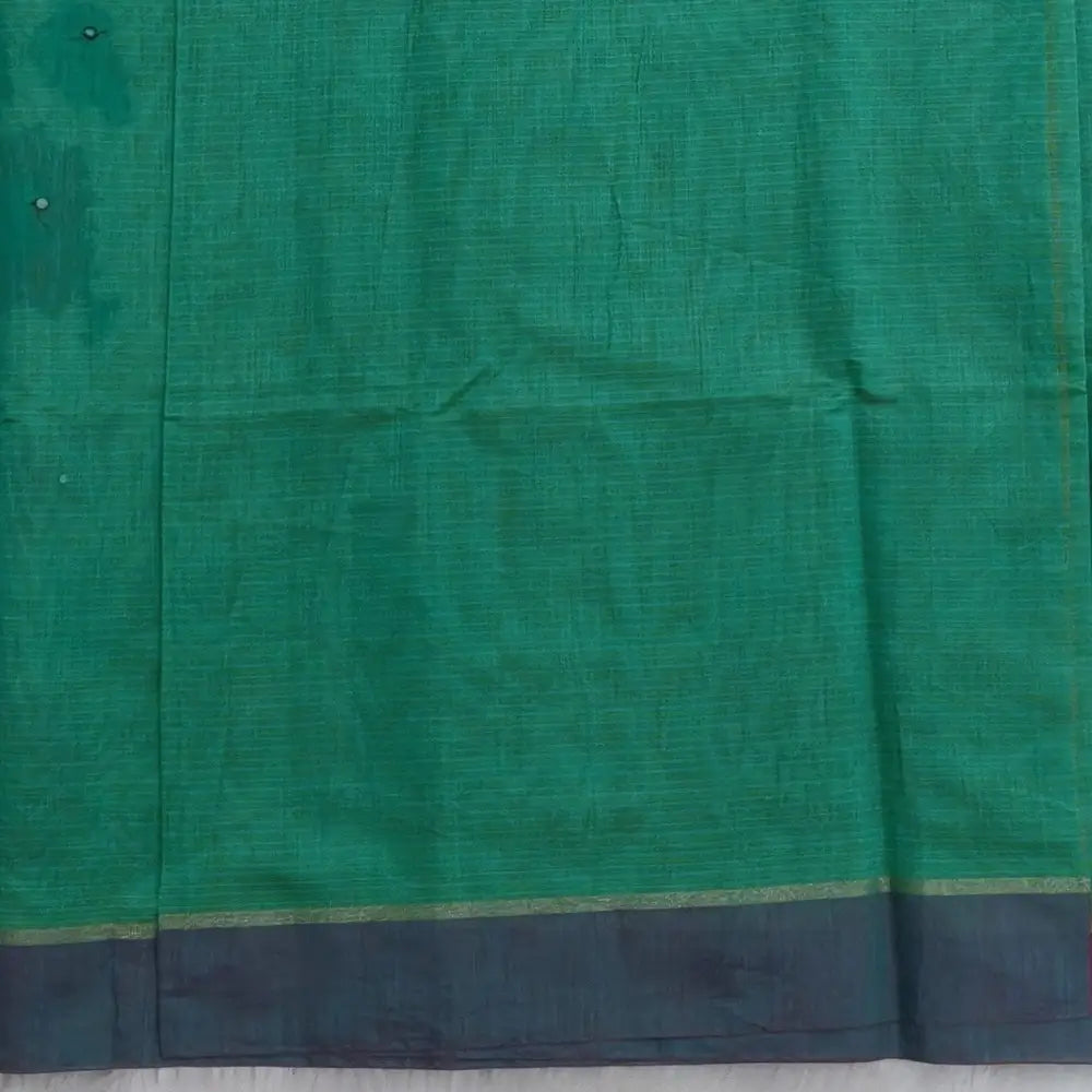 Turquoise green printed soft silk cotton saree (lightweight, thin, soft) double side borders with kantha stitch detailing, printed pallu with thread embroidery and simple tassels, plain running blouse with borders. NS48