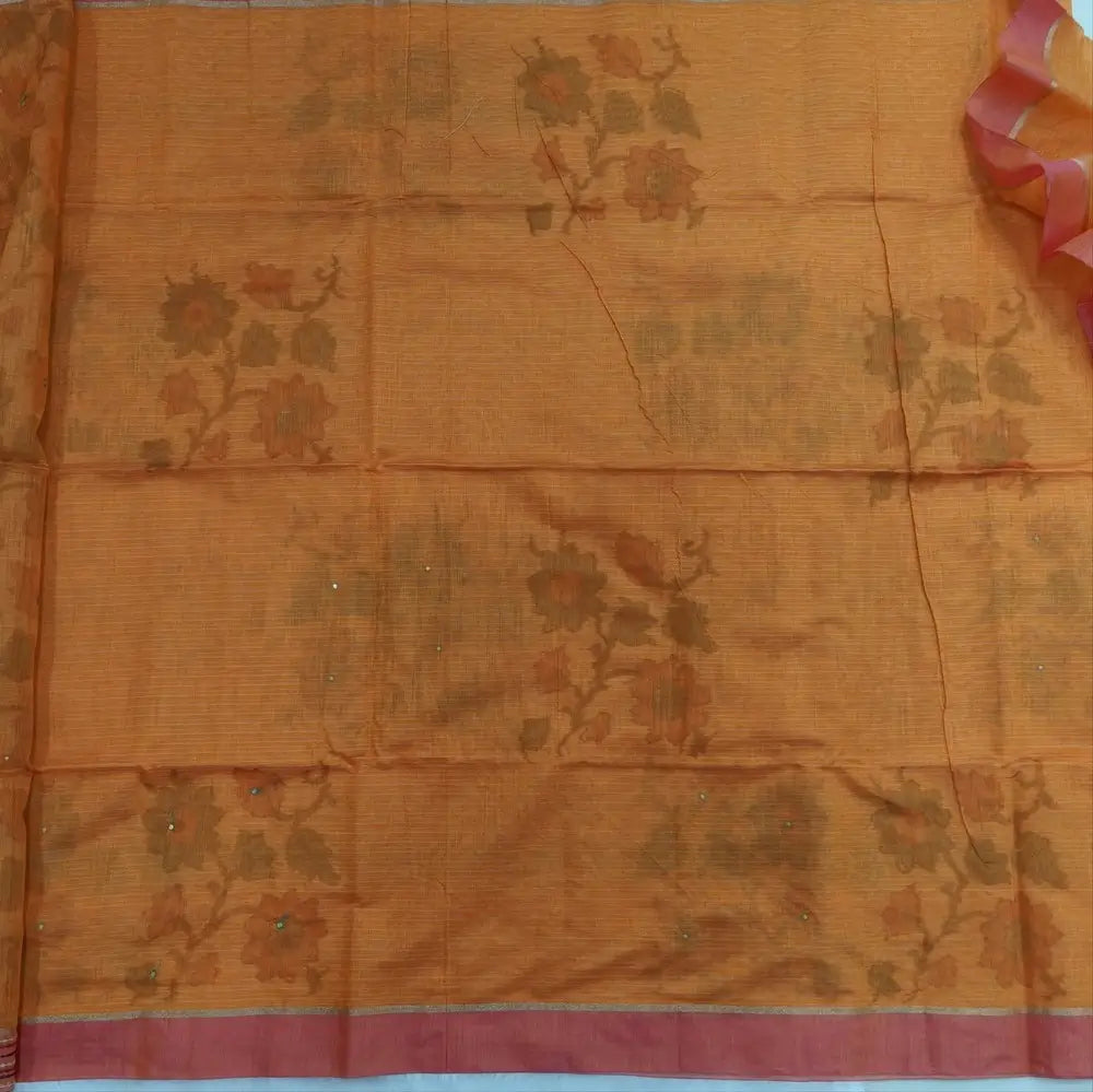 Light orange with golden tint printed soft silk cotton saree (lightweight, thin, soft) double side borders with kantha stitch detailing, printed pallu with thread embroidery and simple tassels, plain running blouse with borders. NS49
