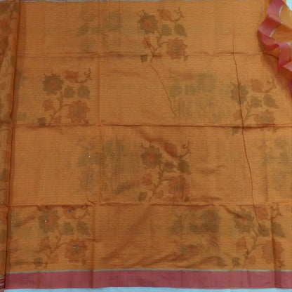 Light orange with golden tint printed soft silk cotton saree (lightweight, thin, soft) double side borders with kantha stitch detailing, printed pallu with thread embroidery and simple tassels, plain running blouse with borders. NS49