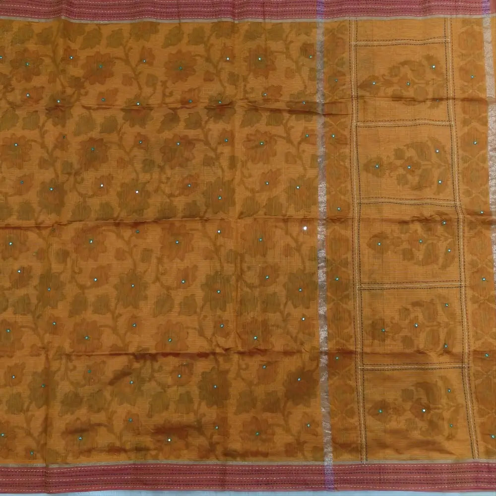 Light orange with golden tint printed soft silk cotton saree (lightweight, thin, soft) double side borders with kantha stitch detailing, printed pallu with thread embroidery and simple tassels, plain running blouse with borders. NS49