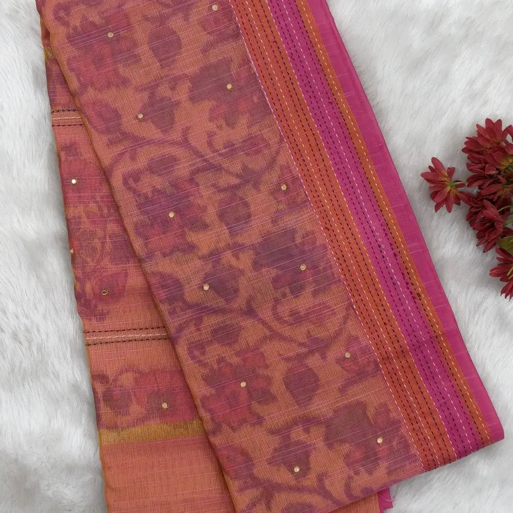 Light peachish pink with golden tint printed soft silk cotton saree (lightweight, thin, soft) double side borders with kantha stitch detailing, printed pallu with thread embroidery and simple tassels, plain running blouse with borders. NS50