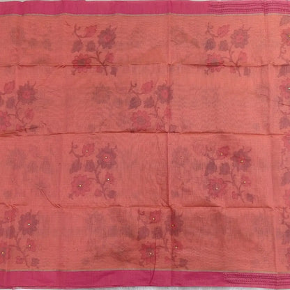 Light peachish pink with golden tint printed soft silk cotton saree (lightweight, thin, soft) double side borders with kantha stitch detailing, printed pallu with thread embroidery and simple tassels, plain running blouse with borders. NS50