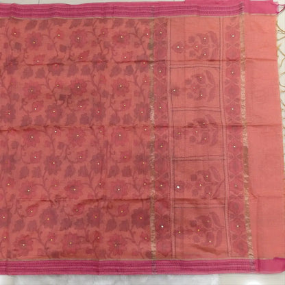 Light peachish pink with golden tint printed soft silk cotton saree (lightweight, thin, soft) double side borders with kantha stitch detailing, printed pallu with thread embroidery and simple tassels, plain running blouse with borders. NS50