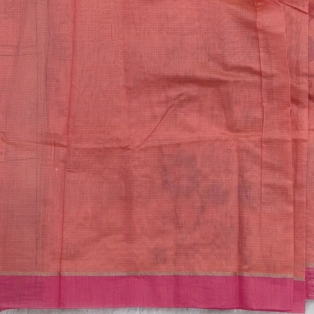 Light peachish pink with golden tint printed soft silk cotton saree (lightweight, thin, soft) double side borders with kantha stitch detailing, printed pallu with thread embroidery and simple tassels, plain running blouse with borders. NS50